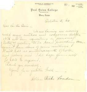 Letter from Paul Quinn College to W. E. B. Du Bois