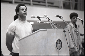 Huey P. Newton speaking at Boston College: Newton at the podium