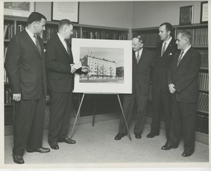 Norman Salatini, Willis C. Gorthy, Sidney Heyman, officer William Morianty and an unidentified man observing prospective building plans