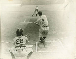 Lou Gehrig swinging at a pitch, ca. 1937