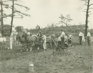 Students and President Doggett at the Building Site of Weiser Hall at Springfield College, 1921