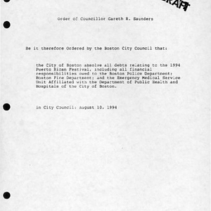 Draft of order by Boston City Councillor Gareth R. Saunders absolving debts of the 1994 Festival Puertorriqueño