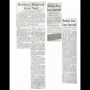 Photocopies of newspaper articles about Boston City Council's approval of Washington Park renewal plan, and approval of loan to acquire land in Washington Park