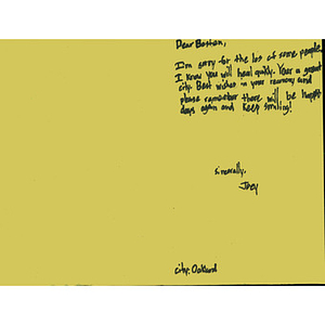 Card addressed to Boston from an Oakland child