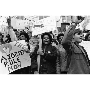 Students protest against apartheid on the steps of Ell Hall