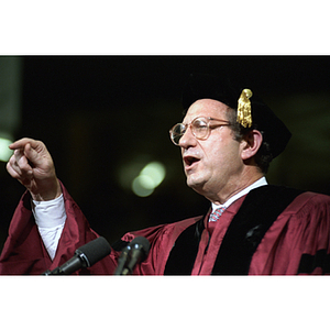 John M. Deutch, 1994 commencement speaker, delivering speech from the podium