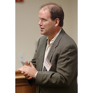 Peter Barrett, PhD '79, speaks at the NU Today Cancer Research Panel