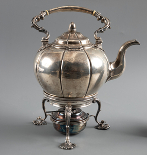 John Codman's silver tea pot with burner stand, H. B. Stanwood & Co. (Henry B. Stanwood 1818-1869), Boston, 1854