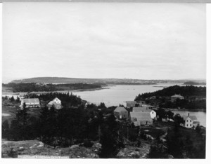 Landscape with bay, homes and trees, Castine, Maine, undated