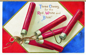Independence Day postcard with firecrackers, location unknown, undated