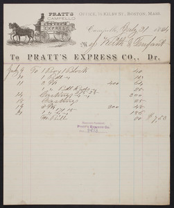 Billhead for Pratt's Express Co., Dr., Campello, Mass., dated July 31, 1884