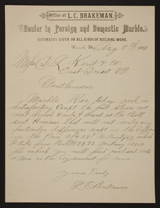 Letterhead for L.C. Brakeman, foreign and domestic marble, Corinth, Mississippi, dated August 5, 1889