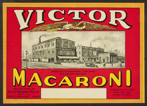 Label for Victor Supreme Quality Macaroni, Victor Macaroni Mfg. Co., Main Street, North Reading, Mass., undated
