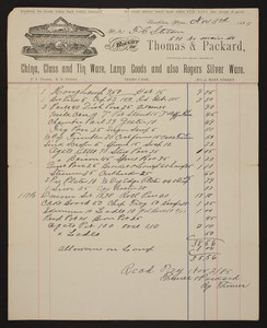Billhead for Thomas & Packard, glassware, No. 41 Main Street, Brockton, Mass., dated November 3, 1885