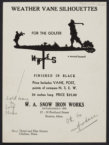 Weather vane silhouettes for the golfer, W.A. Snow Iron Works, 17-19 Portland Street, Boston, Mass., undated