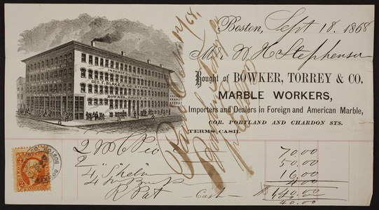 Billhead for Bowker, Torrey & Co., marble workers, corner Portland and Chardon Streets, Boston, Mass., dated September 18, 1868
