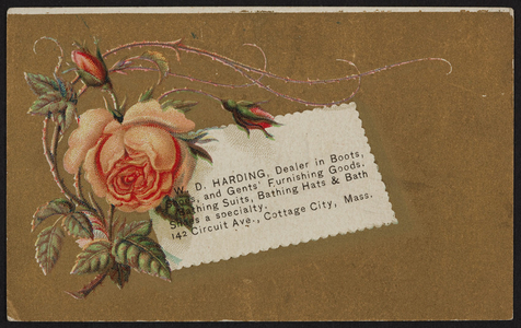 Trade card for W.D. Harding, dealer in boots, shoes, and gents' furnishing goods, bathing suits, bathing hats & bath shoes, 142 Circuit Avenue, Cottage City, Mass., undated