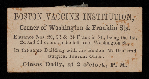 Calling card, Boston Vaccine Institution, corner of Washington and Franklin Streets, Boston, Mass.