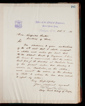 Thomas Lincoln Casey Letterbook (1888-1895), Thomas Lincoln Casey to Hon. Redfield Proctor, October 7, 1891