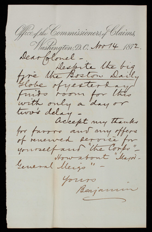 Benjamin to Thomas Lincoln Casey, November 4, 1872