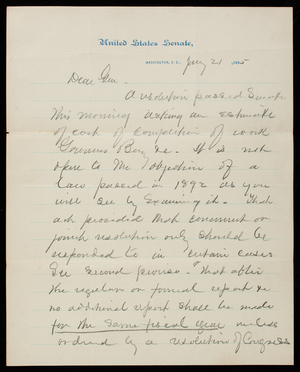 William P. Frye to Thomas Lincoln Casey, January 21, 1895