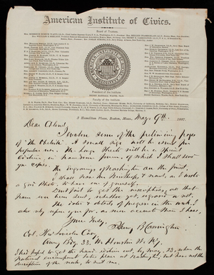 Henry Carrington to Thomas Lincoln Casey, May 9, 1887