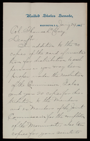 John Sherman to Thomas Lincoln Casey, January 24, 1885
