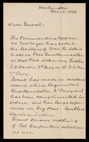 Joseph C. Hardie to Thomas Lincoln Casey, October 15, 1888