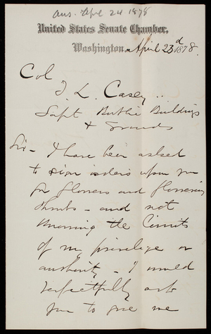 Senator [Thomas F.] Bayard to Thomas Lincoln Casey, April 23, 1878