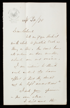 [John G.] Barnard to Thomas Lincoln Casey, April 30, 1870