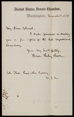 Ben Perley Poore to Thomas Lincoln Casey, March 11, 1878