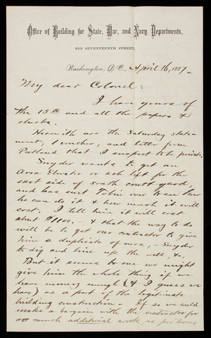 Bernard R. Green to Thomas Lincoln Casey, April 16, 1887