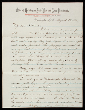 Bernard R. Green to Thomas Lincoln Casey, August 21, 1883