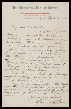 Bernard R. Green to Thomas Lincoln Casey, September 6, 1883