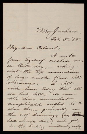 Bernard R. Green to Thomas Lincoln Casey, October 5, 1885