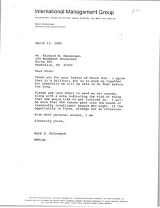 Letter from Mark H. McCormack to Richard W. Hanselman