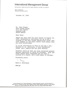 Letter from Mark H. McCoramck to Gary Player