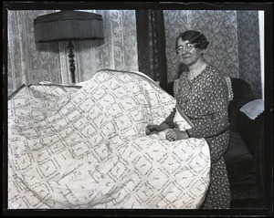 Autographed quilt and Lottie (Mrs. Joel U.) Peabody