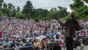 Pete Seeger: view from rear stage, performing at the Clearwater Festival