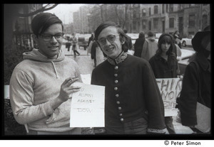 Raymond Mungo and unidentified protester at demonstration against on-campus recruitment by Dow Chemical Co., manufacturer of napalm