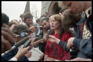 Scene outside the Hampshire County courthouse following acquittal in the CIA protest trial: Amy Carter being interviewed by the press