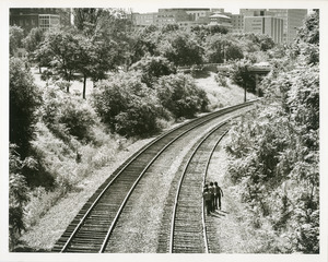 Four boys on railroad track