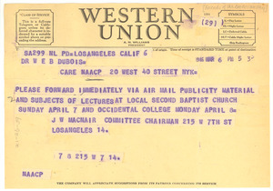 Telegram from Friends of the American Way to W. E. B. Du Bois