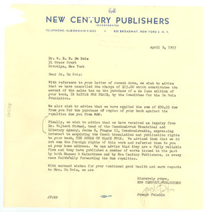 Letter from New Century Publishers to W. E. B. Du Bois