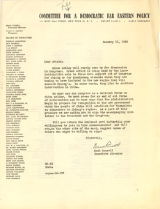 Circular letter from Committee for a Democratic Far Eastern Policy to W. E. B. Du Bois