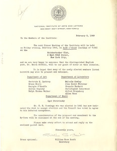 Circular letter from National Institute of Arts and Letters to W. E. B. Du Bois