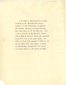 Biographical statement of W. E. B. Du Bois for Opportunity journal