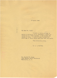Letter from W. E. B. Du Bois to Rayford W. Logan