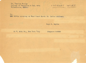 Telegram from Hugh H. Smythe to Wilberforce College of Education and Industrial Arts