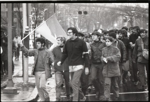 MIT I-Lab demonstration: protesters in front of Building 10, one waving North Vietnamese flag